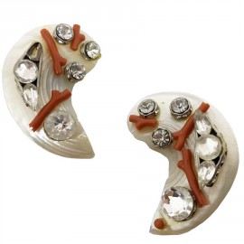 Boucles d'oreille nacre, corail et brillants